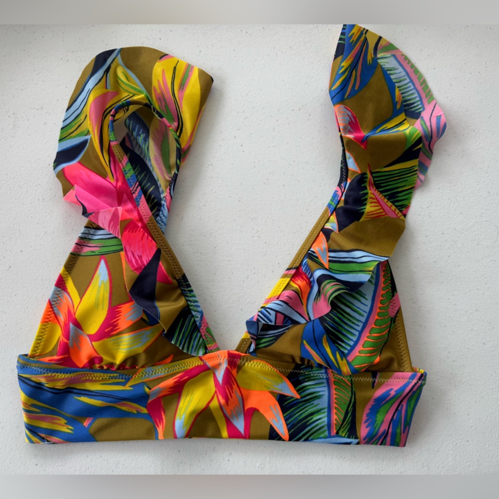 aerie Olive Multi Tropical Ruffle Bikini Top